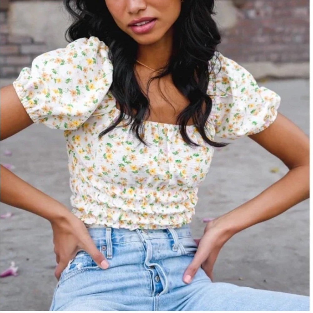 Elodie Floral Puff Sleeve Blouse in Yellow and Pink ruched